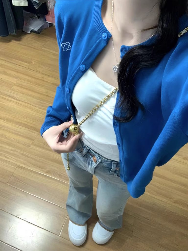 Korean Style Blue Knit Cardigan Women's Round Neck Sweater Outerwear