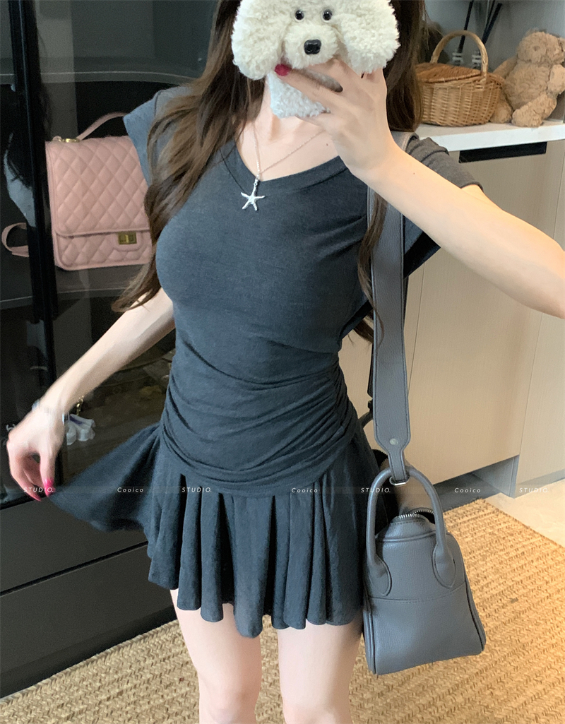 Korean Casual Two-Piece Set Women Summer V-Neck Short Sleeve Pleated Skirt - Image 3
