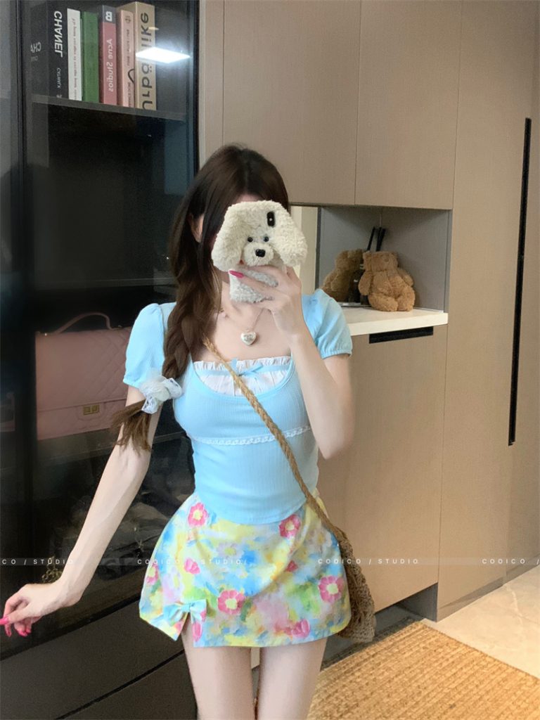 Women's Summer A-Line Oil Painting Print Two-Piece Skirt Set