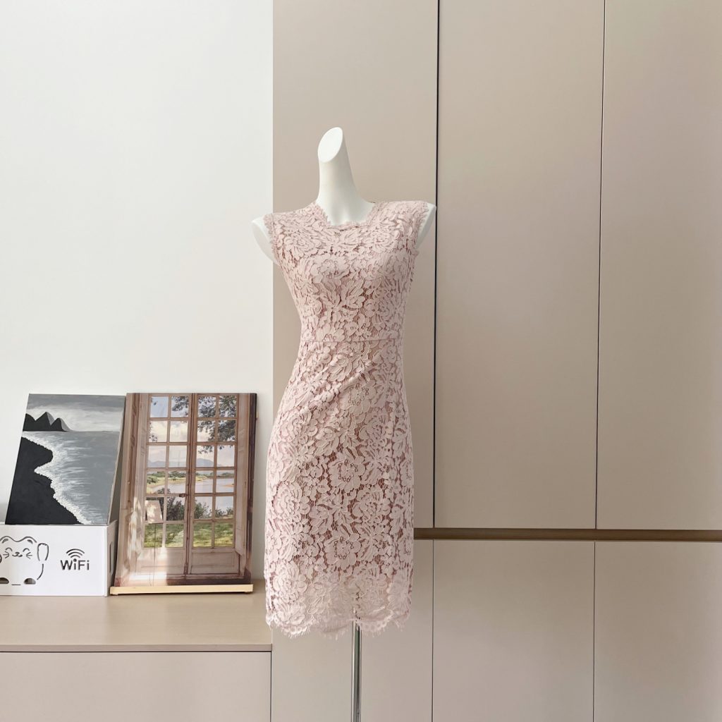 Nude Pink Hollow Lace Bodycon Dress Sleeveless Slim Fit