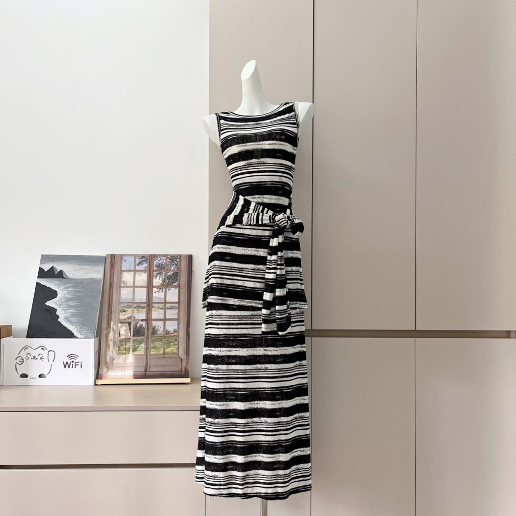 GV Dabaige Relaxed American Style Two-Piece Look Striped Tie Cami Dress Black White Long Dress Women Summer