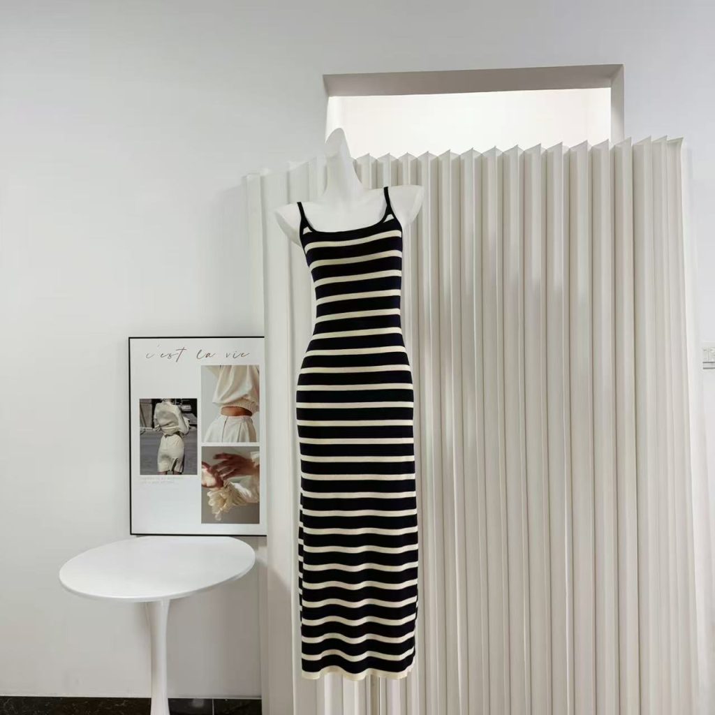 AeoAlways Striped Knit Dress Women Summer Slimming Hip Covering Long Dress