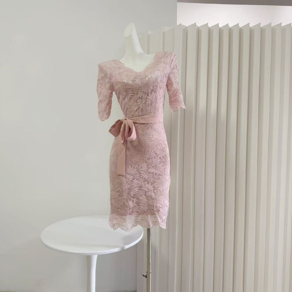 DFAY Elegant Lace V-Neck Tie-Waist Slim Dress for Women Summer