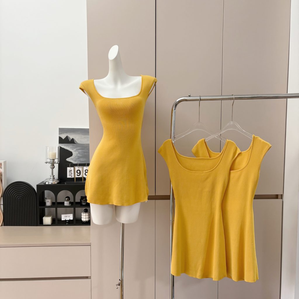 Ginger Yellow Pure Desire Style Slim Fit Waist Cinched Sleeveless Short Dress