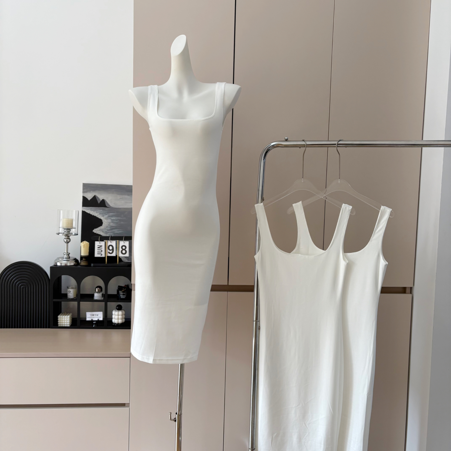 White High Stretch Camisole Midi Dress for Women Summer