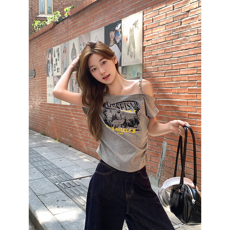 Korean Sweet Cool Off-Shoulder Short-Sleeve T-Shirt Summer Retro Print Slimming Top