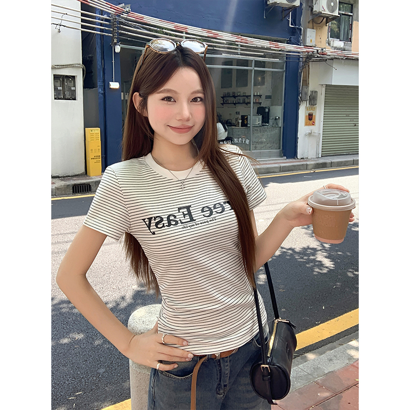 Striped Letter Print Crew Neck Short Sleeve T-Shirt for Women Summer Korean Slim Fit Top