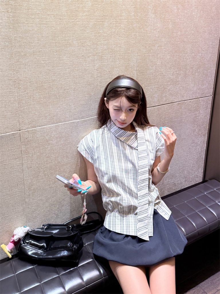 Korean Preppy Style Two-Piece Set with Asymmetric Collar Ribbon Short Sleeve Shirt and Skirt