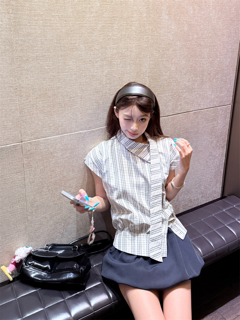 Korean Preppy Style Two-Piece Set with Asymmetric Collar Ribbon Short Sleeve Shirt and Skirt