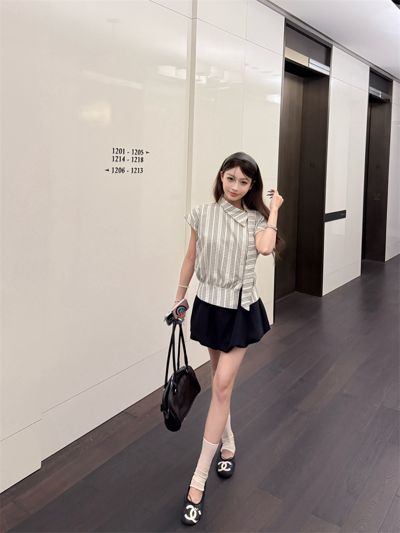 Korean Preppy Style Two-Piece Set with Asymmetric Collar Ribbon Short Sleeve Shirt and Skirt - Image 2