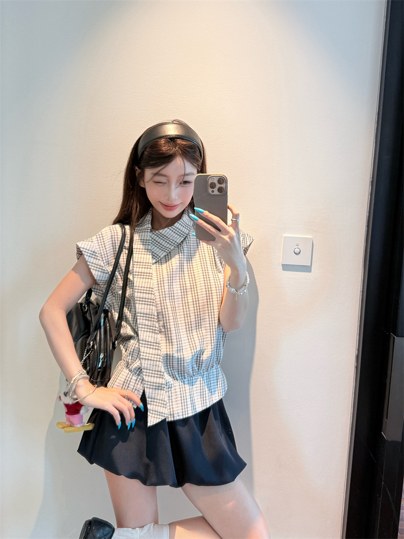 Korean Preppy Style Two-Piece Set with Asymmetric Collar Ribbon Short Sleeve Shirt and Skirt - Image 3