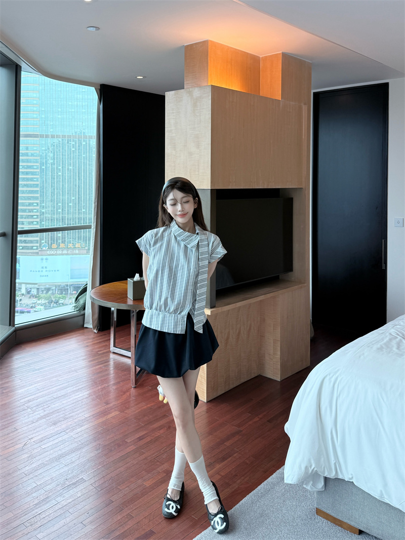 Korean Preppy Style Two-Piece Set with Asymmetric Collar Ribbon Short Sleeve Shirt and Skirt - Image 4