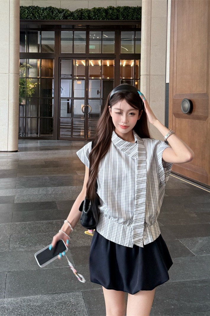Korean Preppy Style Two-Piece Set with Asymmetric Collar Ribbon Short Sleeve Shirt and Skirt - Image 5