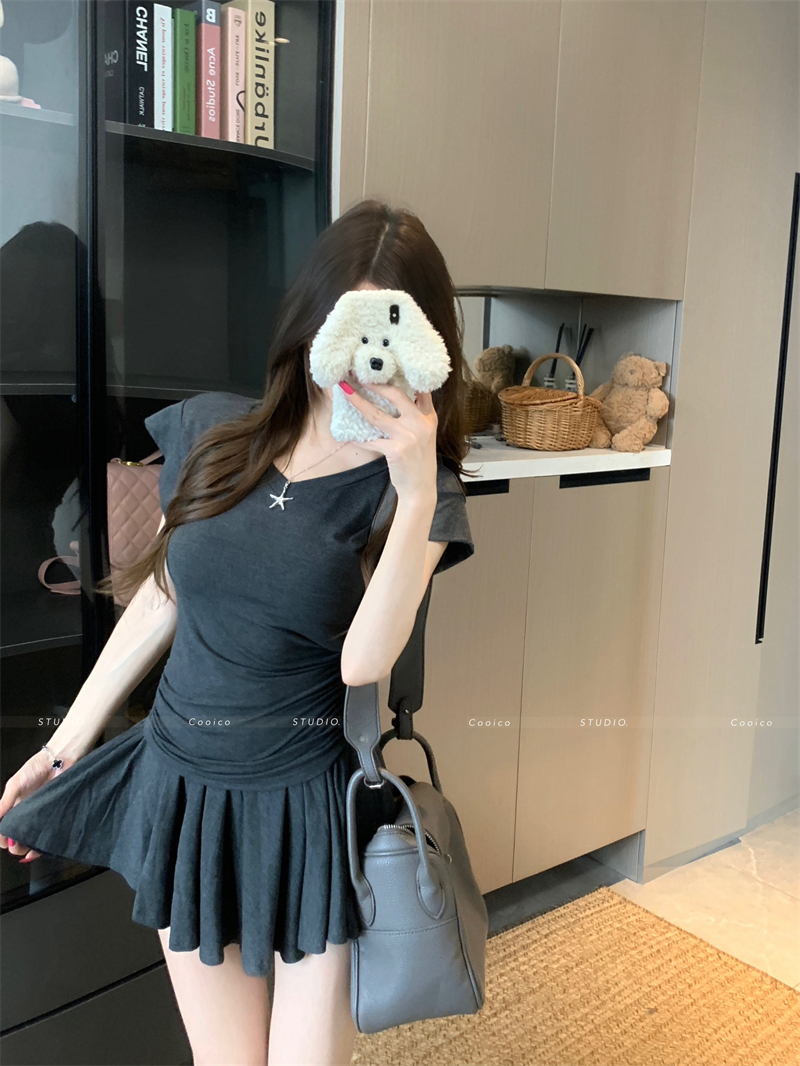 Korean Casual Two-Piece Set Women Summer V-Neck Short Sleeve Pleated Skirt - Image 2