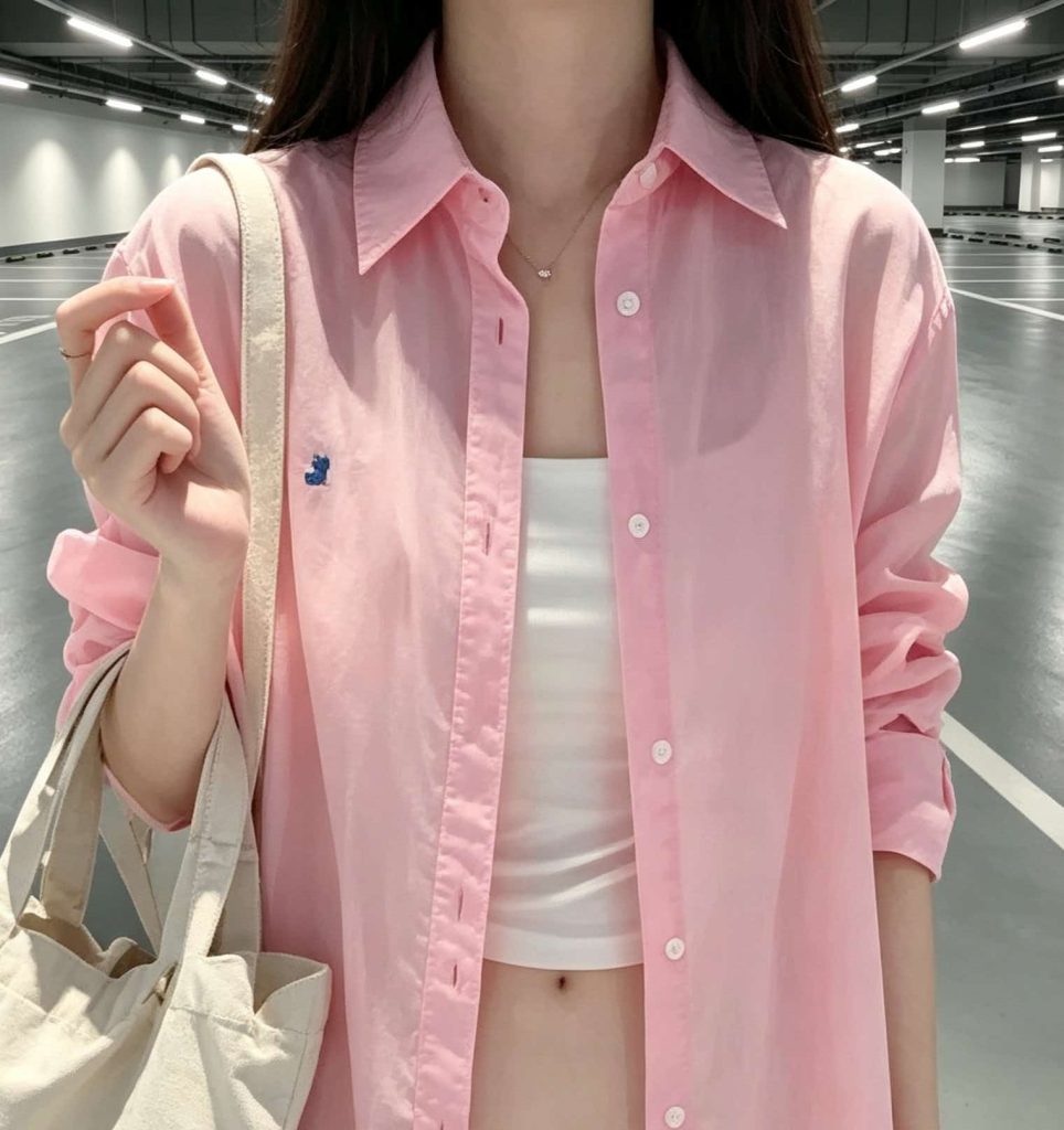 Pink Collared Long Sleeve Shirt Women 2026 Spring Cotton Linen Loose Pony Embroidery Casual Youthful Top
