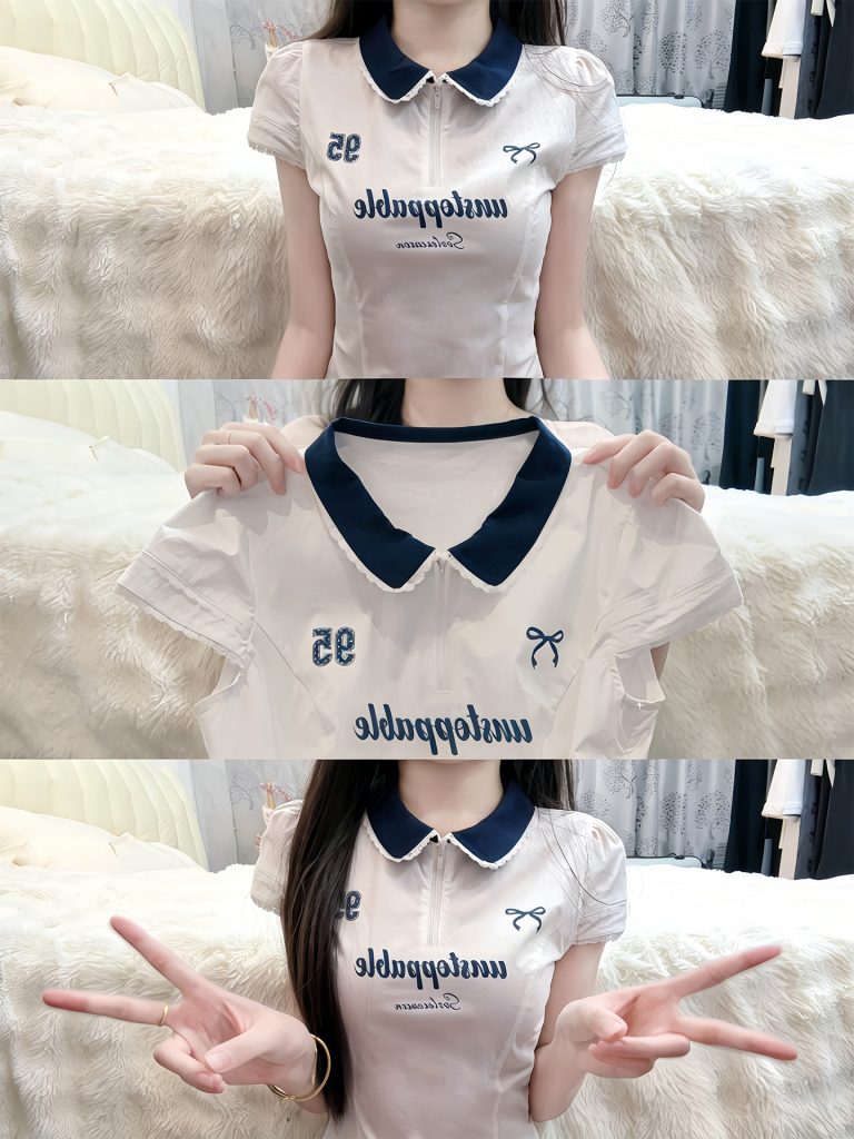 White Slim Fit T-Shirt for Women 2026 Summer Short Sleeve Turn-Down Collar French Style Preppy Top