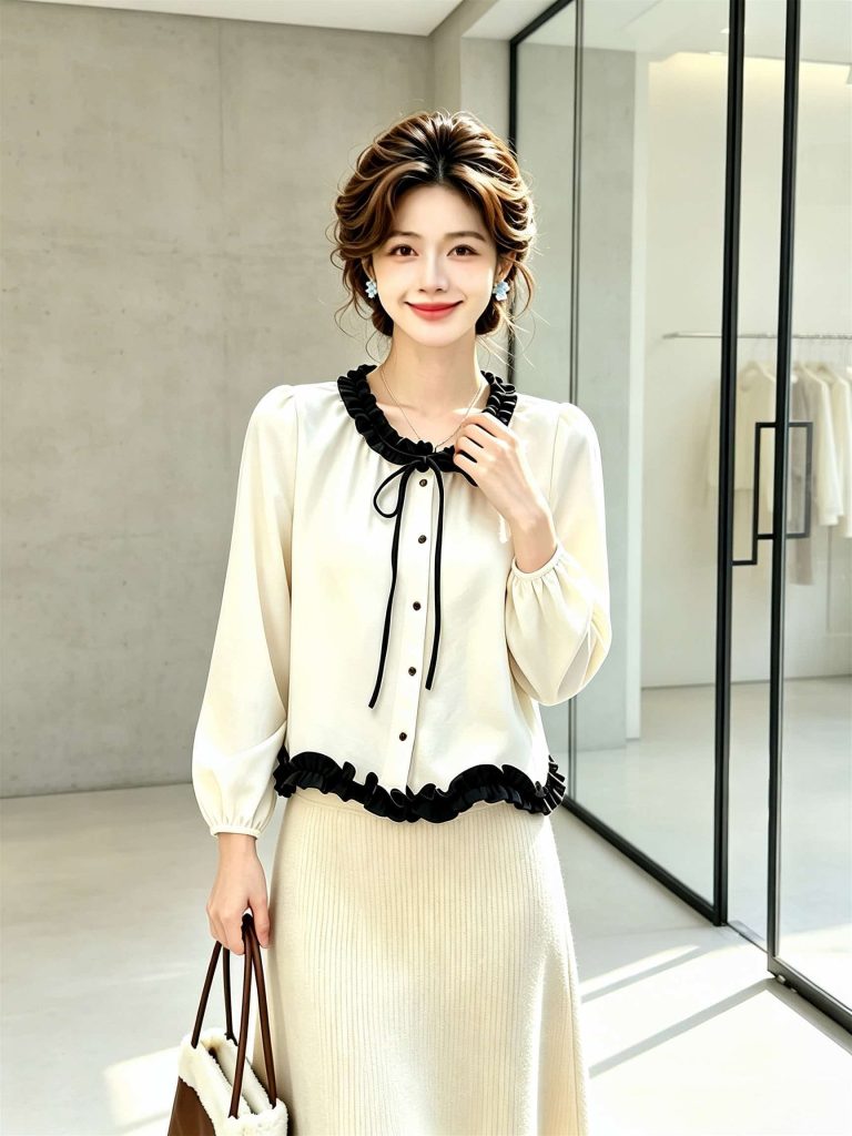 Beige Lace-Up Ruffle Trim Long Sleeve Shirt Women 2026 Fall