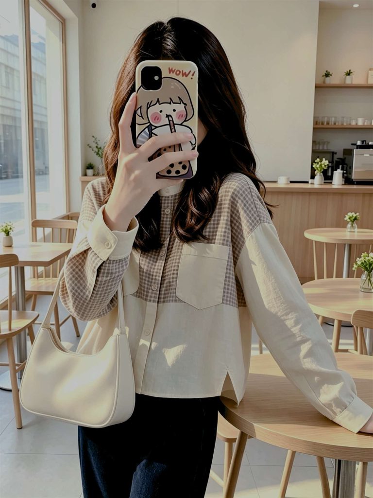 Korean Plaid Spliced Loose Shirt Women 2026 Early Spring Unique Design Youthful Top