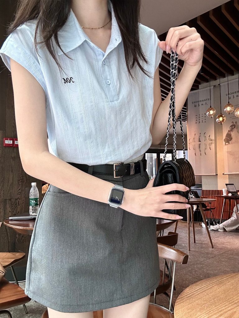Women's Light Blue Cinched Waist Shirt 2026 Summer French Style Relaxed Fit Top