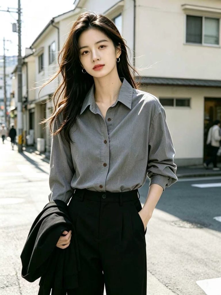 Women's Gray Long Sleeve Button-Down Shirt 2026 Autumn Casual Loose Fit Top