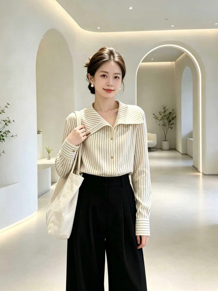 Korean Style Brown Striped Retro Irregular Collar Old Money Shirt Women 2026 New High-End Petite Top