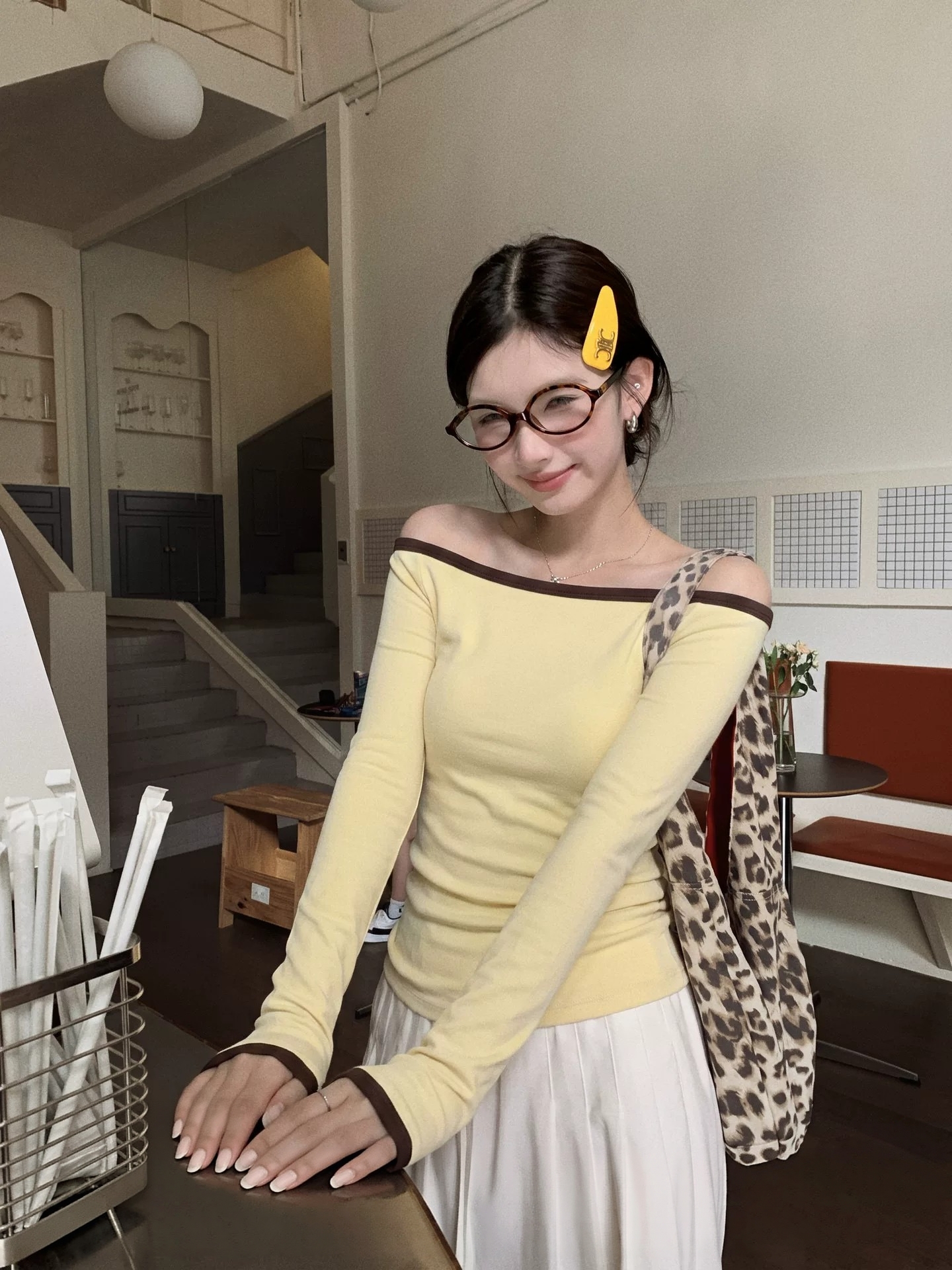 French Off-Shoulder Long Sleeve Knit Top Women Fall 2026 Yellow