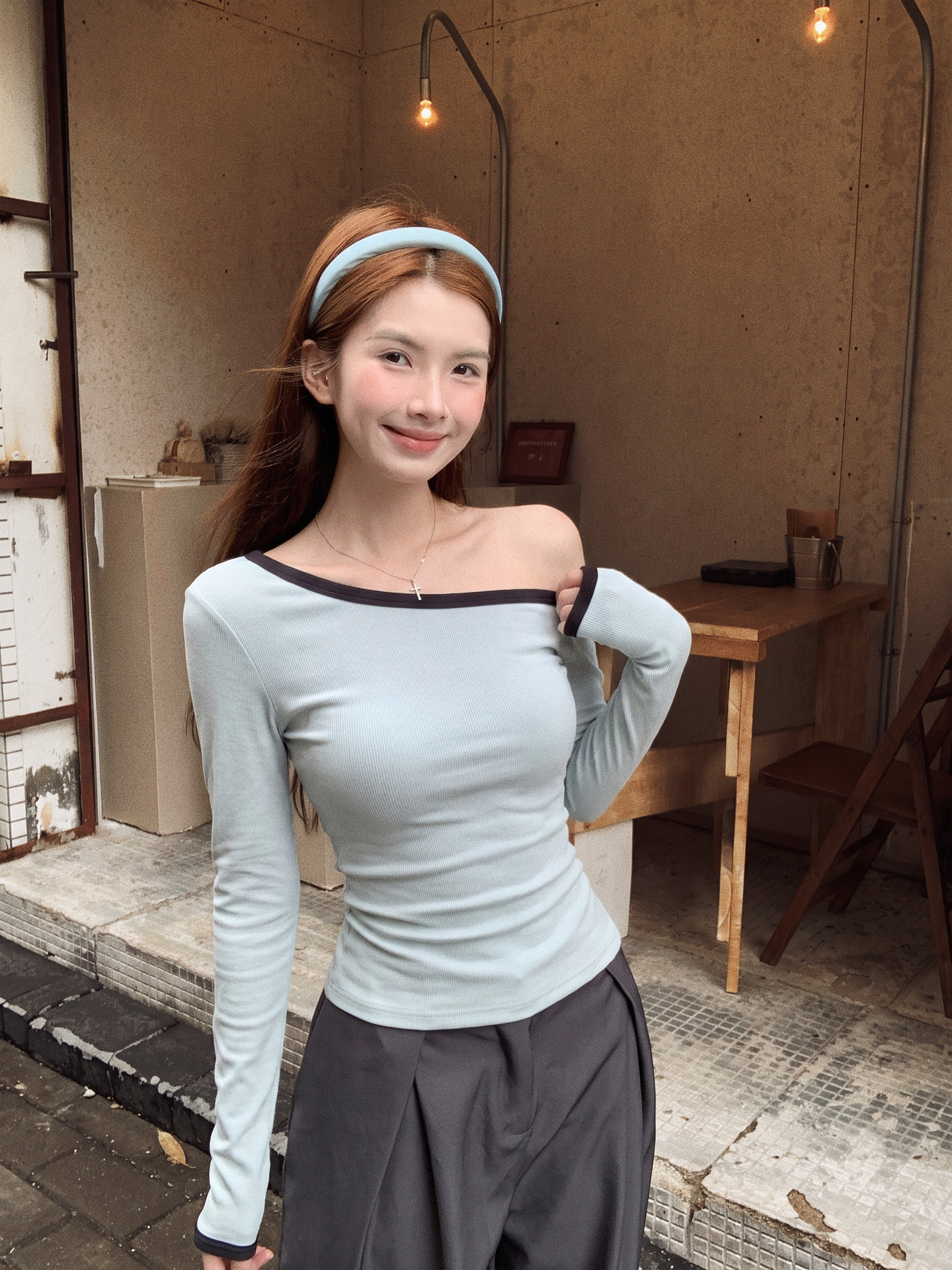French Off-Shoulder Long Sleeve Knit Top Women Fall 2026 Yellow - Image 4