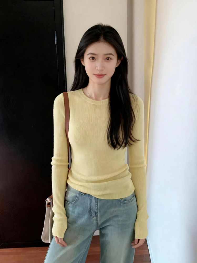 Korean Style Long Sleeve Soft Knit Base Sweater Women Autumn Winter Slim Fit Inner Top Petite
