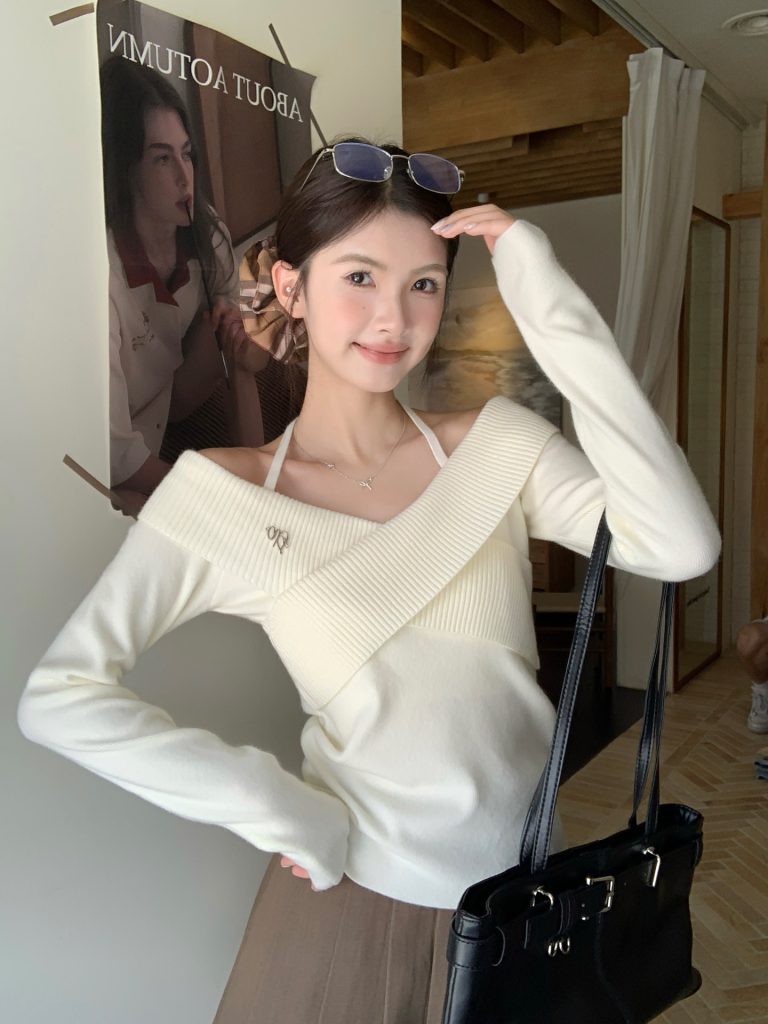 Korean Style Off-Shoulder Halter Knit Top Women Slim Cropped Sweater