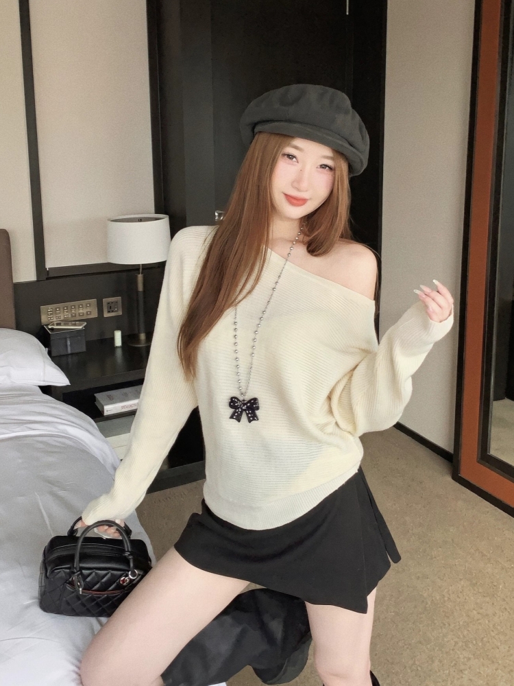 Women's One-Shoulder Knit Sweater 2026 Fall Winter Batwing Sleeve Korean Style Lazy Pullover - Style 6f5a13